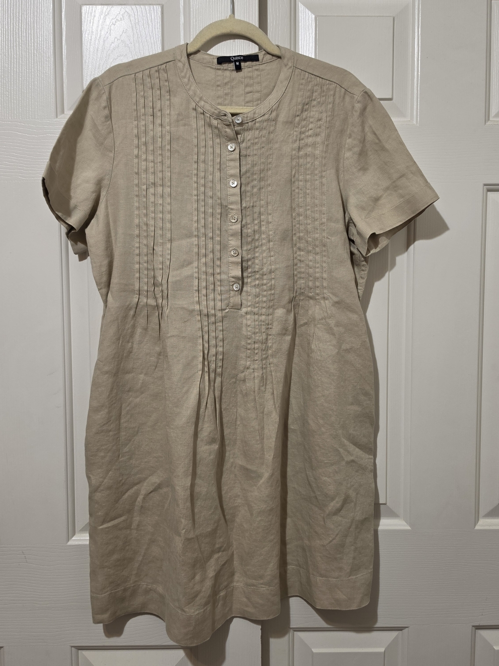 NWOT QUINCE 100% Linen Short Sleeve Swing Dress Pintucked Tunic M Driftwood